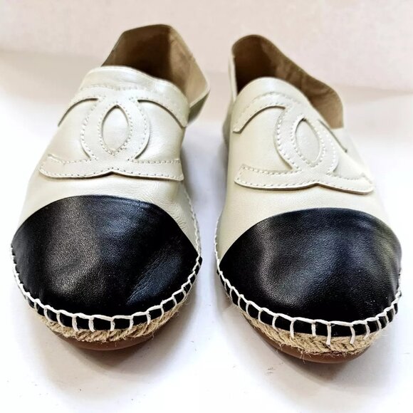 Chanel CC Logo Lambskin Espadrille Flats Cap Toe Black Beige Women's EU 39 US 8 - Picture 3 of 11